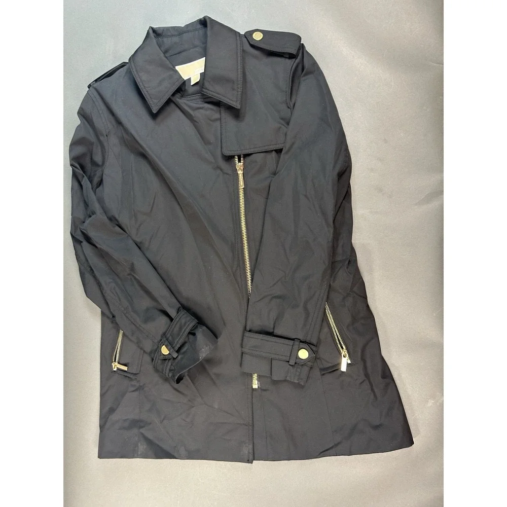 Michael Kors Black Asymmetrical Zip Trench Rain Jacket Women's L Missing Belt